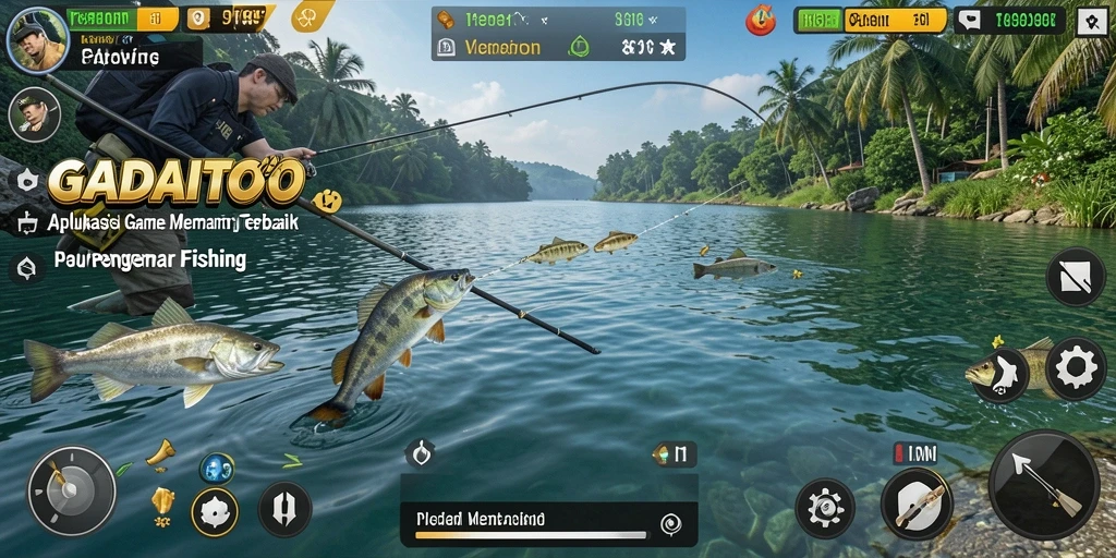 Screenshot GADAITOTO yang menampilkan gameplay seru saat memancing.