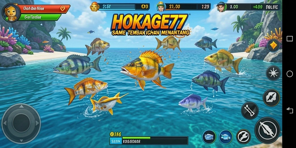 Tampilan gameplay HOKAGE77 saat menembak ikan yang seru dan penuh aksi.