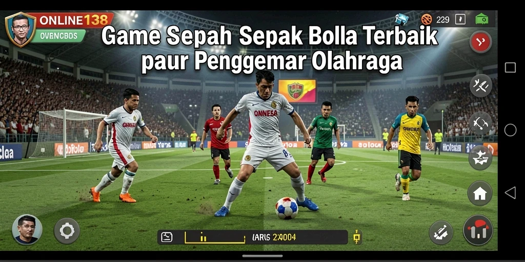 Screenshot dari gameplay ONLINE138 menampilkan aksi seru di lapangan sepak bola.