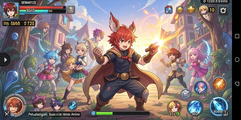Tangkapan layar gameplay SEMAR123 menampilkan karakter Anime yang beraksi di dunia fantastis.