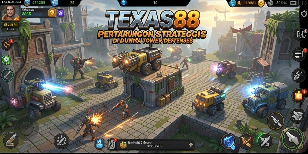 Screenshot TEXAS88 menunjukkan strategi menara yang mendebarkan dalam mempertahankan basis.