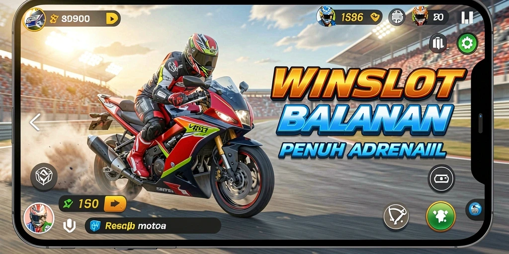 Tangkapan layar utama menunjukkan aksi balapan motor yang intens.